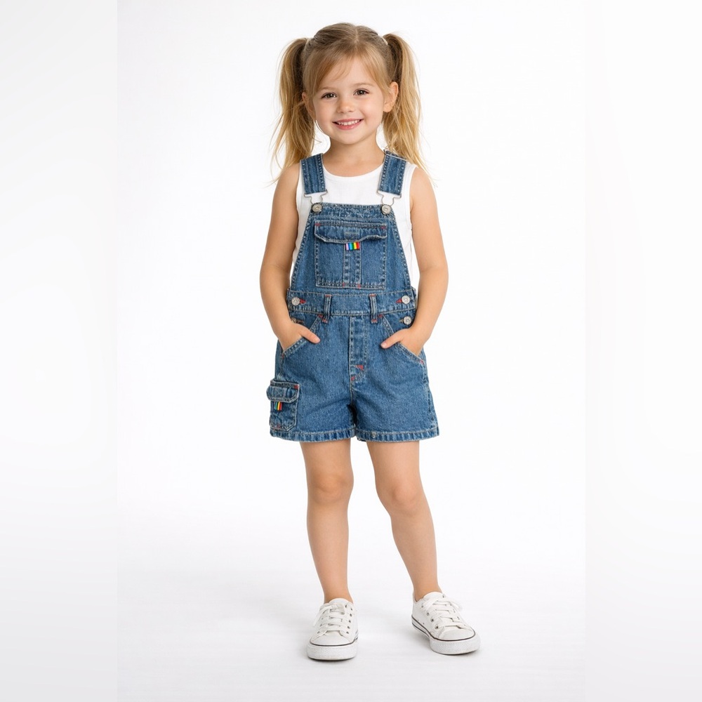 Vintage Like New Canyon River Blues Denim Short Overalls Rainbow Tabs, S (6-7)